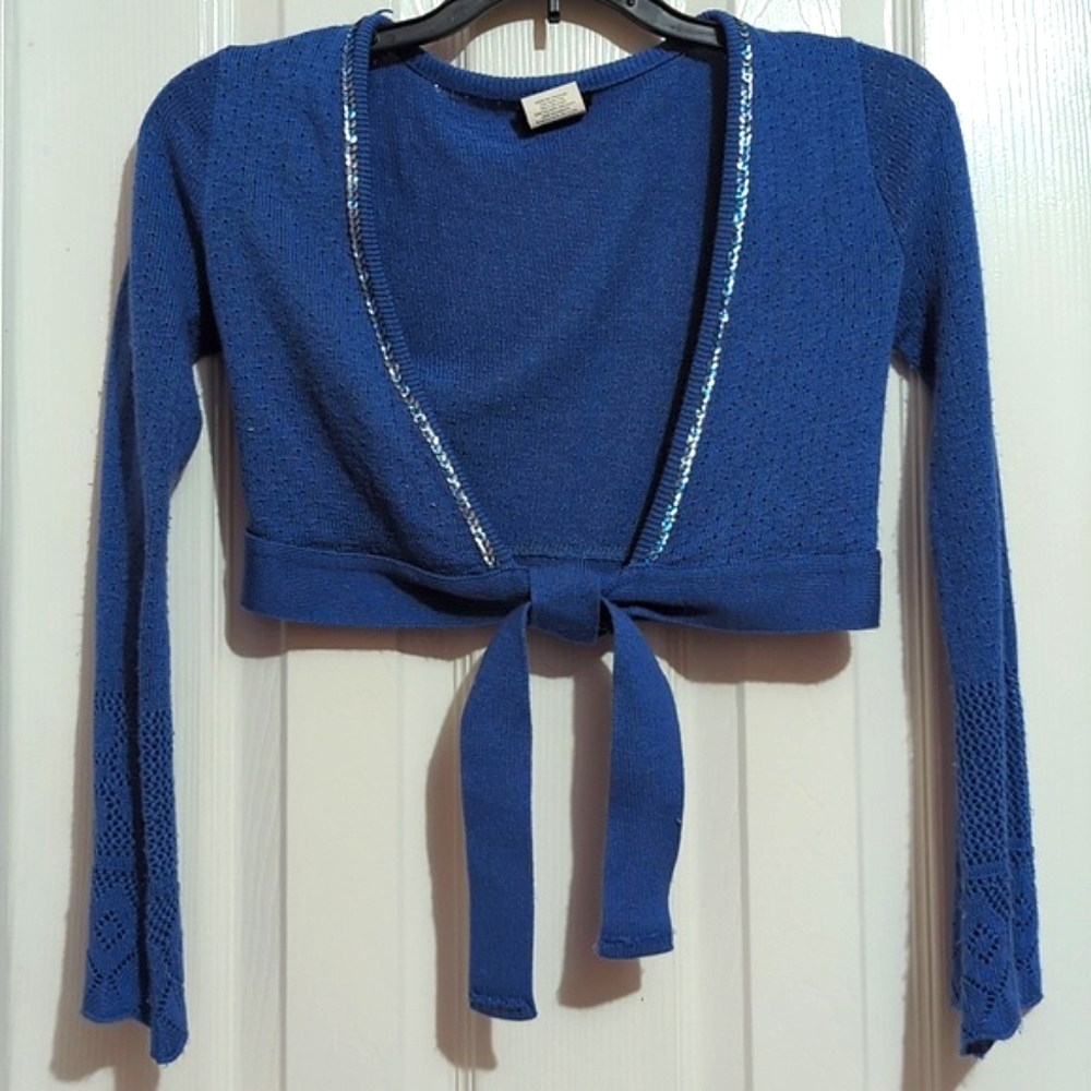 Girl's Blue Crop Sweater with Tie Closure. Size M 10-12.